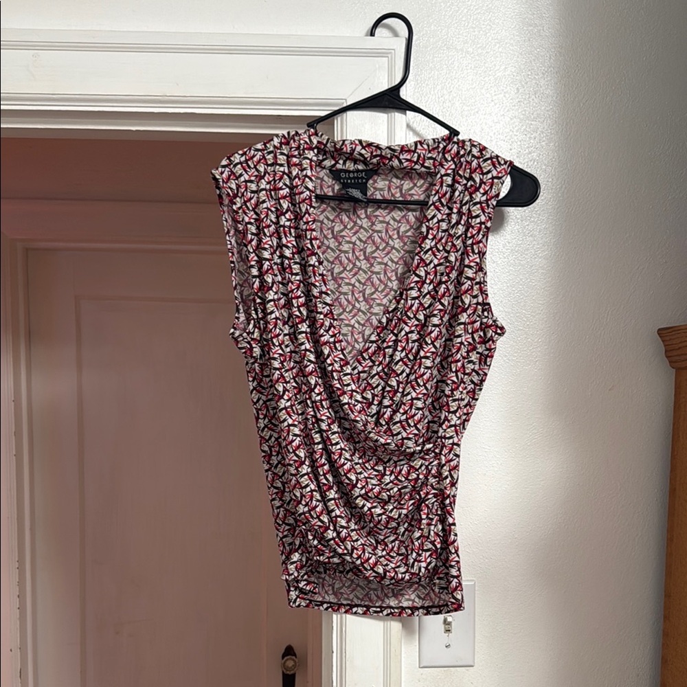 George Red and Brown Sleeveless Wrap Blouse